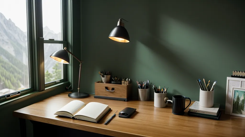 Cuaderno verde de gestión del tiempo en primer plano con la oficina de la agencia digital desenfocada al fondo