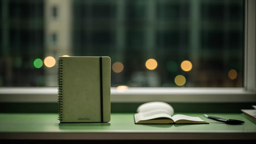 Vista nocturna de Bucaramanga desde un escritorio con cuaderno de liderazgo remoto y desarrollo profesional