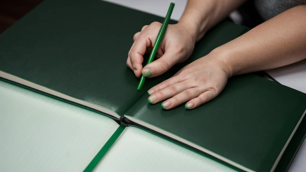 Primer plano de manos escribiendo en un cuaderno verde bajo la luz cálida de una lámpara.