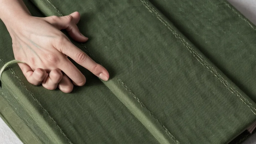Mano sobre un cuaderno verde de mentoría accidental anotando un caso de gestión de talento